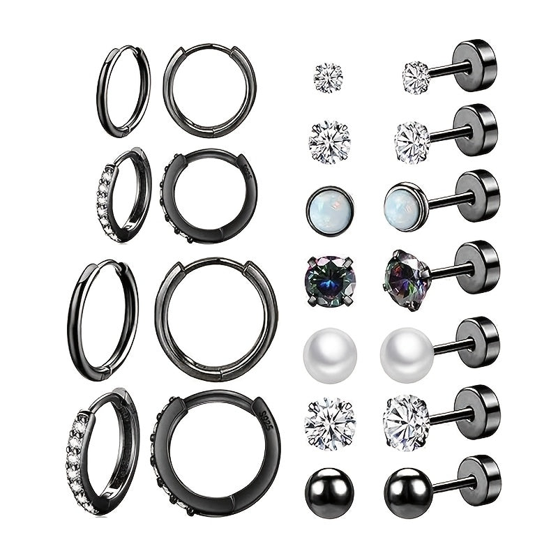 Vintage Boho Style 12pcs Surgical Stainless Steel Earrings Set - Hypoallergenic Hoop & Stud with Synthetic Zirconia, CZ & Pearl Accents - Unisex Jewelry for Multiple Piercings, Daily & Gift Occasions, Valentine'S Day Suitable