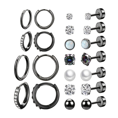 Vintage Boho Style 12pcs Surgical Stainless Steel Earrings Set - Hypoallergenic Hoop & Stud with Synthetic Zirconia, CZ & Pearl Accents - Unisex Jewelry for Multiple Piercings, Daily & Gift Occasions, Valentine'S Day Suitable
