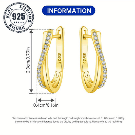 1 Pair S925 Sterling Silver 18K Golden Plated Hoop Earrings, Stone-Inlaid Twisted Line Design - Hypoallergenic, Elegant & Luxurious Women'S Jewelry for Daily Wear & Gifting, High-Quality Zirconia Inlay, Allergy-Free, Stylish Gift Earrings, Jewelry for