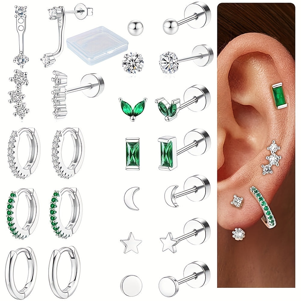24pcs Stainless Steel JunlowPY Earring Set - Hypoallergenic, Cubic Zirconia Accents, Cute & Sexy Heart Designs, Perfect for Daily Wear & Gifting