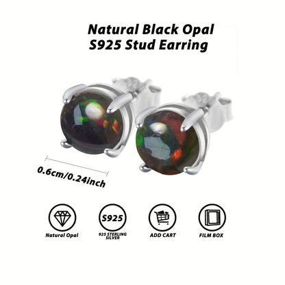Natural Black Opal S925 Silver Earrings, 4-prong Inlay 0.24-inch Natural Black Opal, October Birthstone, Perfect for Everyday Accessories