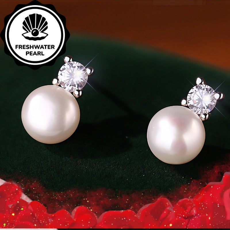 Simple French Rhinestone Freshwater Pearl Earrings, Retro Light Luxury Style, Suitable for All Seasons Gift, Christmas Matching and Gifting