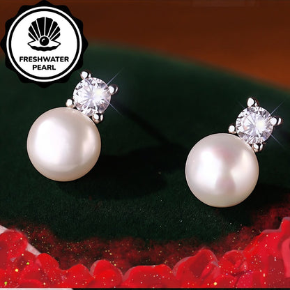 Simple French Rhinestone Freshwater Pearl Earrings, Retro Light Luxury Style, Suitable for All Seasons Gift, Christmas Matching and Gifting
