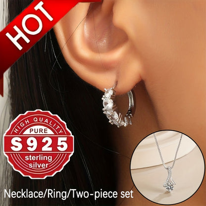 2pcs S925 Silver Stud Necklace Accessory Set, Slightly Set Synthetic Zirconia Fashion Earrings, Simple Necklace, Women's Fashion Pendant Accessory Set, Suitable for Daily Matching And As A Gift