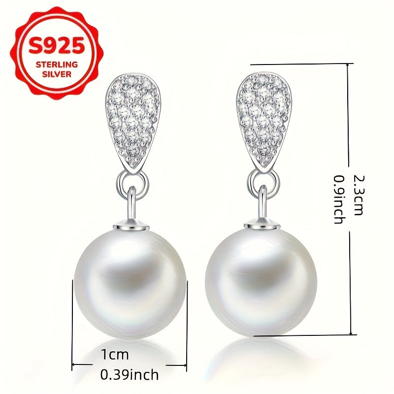 1 Pair of Women's Dangling Earrings with S925 Sterling Silvery Inlaid Faux Imitation Pearl Pendant, Elegant Wedding Party Jewelry Gift