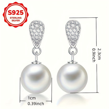 1 Pair of Women's Dangling Earrings with S925 Sterling Silvery Inlaid Faux Imitation Pearl Pendant, Elegant Wedding Party Jewelry Gift