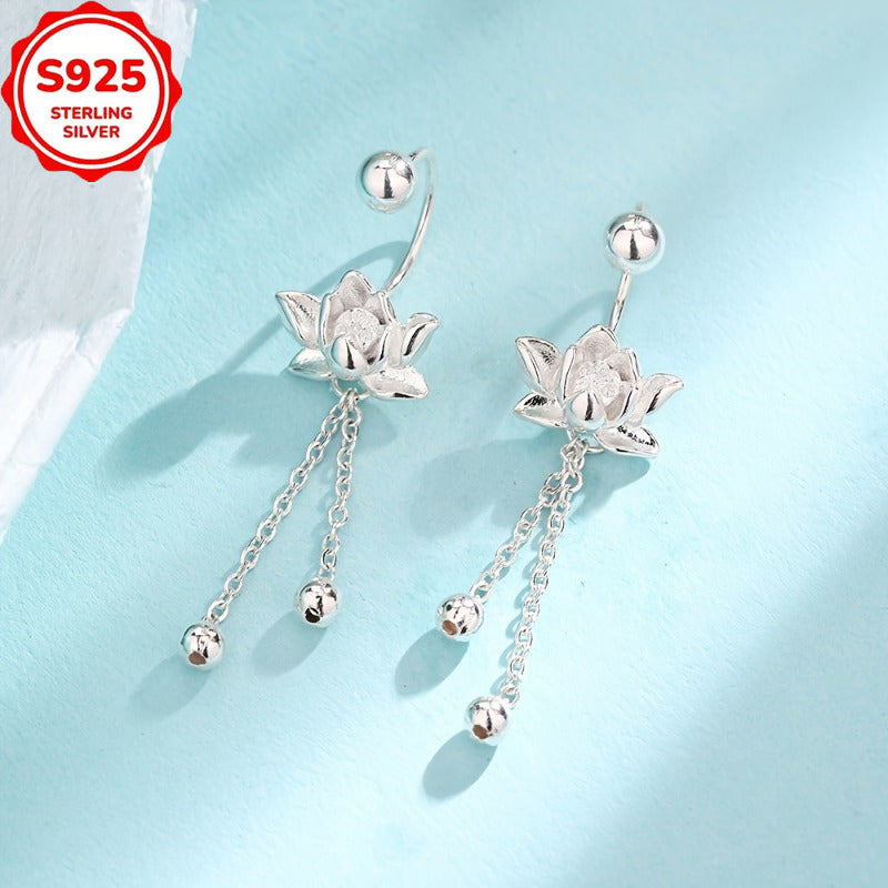 Pair of Elegant S925 Sterling Silver for Lotus Tassel Earrings - Retro Floral Design, Hypoallergenic, Perfect for Daily Wear and Gatherings