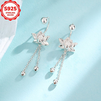 Pair of Elegant S925 Sterling Silver for Lotus Tassel Earrings - Retro Floral Design, Hypoallergenic, Perfect for Daily Wear and Gatherings