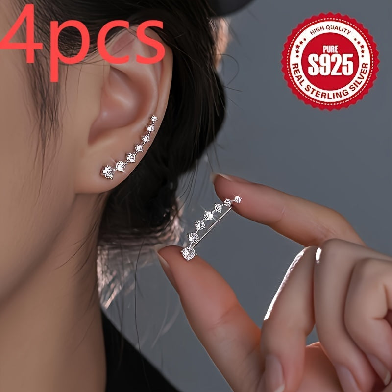 4pcs Of Exquisite Unique Seven Star Design Earrings 925 Sterling Silver Hypoallergenic Jewelry Zirconia Inlaid With Elegant Casual Style For Everyday Women