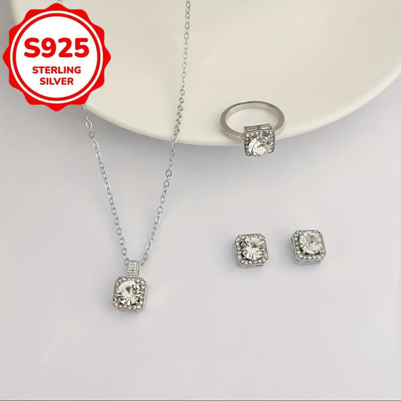 S925 silver 4pcs fashionable and simple new creative necklace, earrings, rings, party commemorative gifts, exquisite Christmas and birthday gifts for family and friends, suitable for daily weddings, vacations, and other occasions to wear