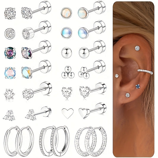 Vintage Boho Style 12pcs Surgical Stainless Steel Earrings Set - Hypoallergenic Hoop & Stud with Synthetic Zirconia, CZ & Pearl Accents - Unisex Jewelry for Multiple Piercings, Daily & Gift Occasions, Valentine'S Day Suitable