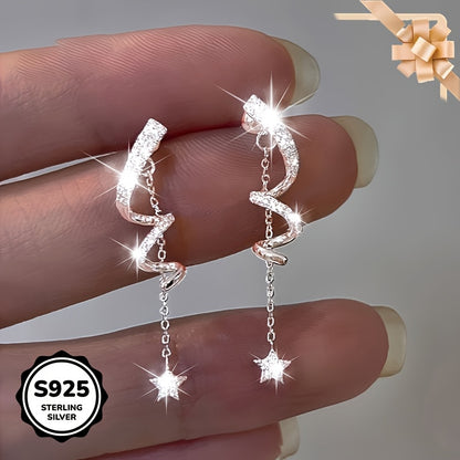 2pcs 925 Silver Star Tassel Drop Earrings with Sparkling Synthetic Zirconia - Hypoallergenic Cute Vacation Style for Daily Wear & Parties, Gift Preparation, Novelty Earrings, Jewelry for Vacation