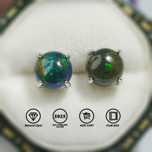 Natural Black Opal S925 Silver Earrings, 4-prong Inlay 0.24-inch Natural Black Opal, October Birthstone, Perfect for Everyday Accessories