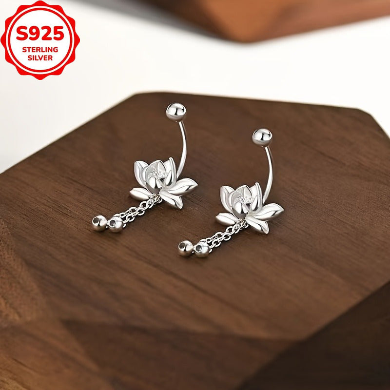 Pair of Elegant S925 Sterling Silver for Lotus Tassel Earrings - Retro Floral Design, Hypoallergenic, Perfect for Daily Wear and Gatherings