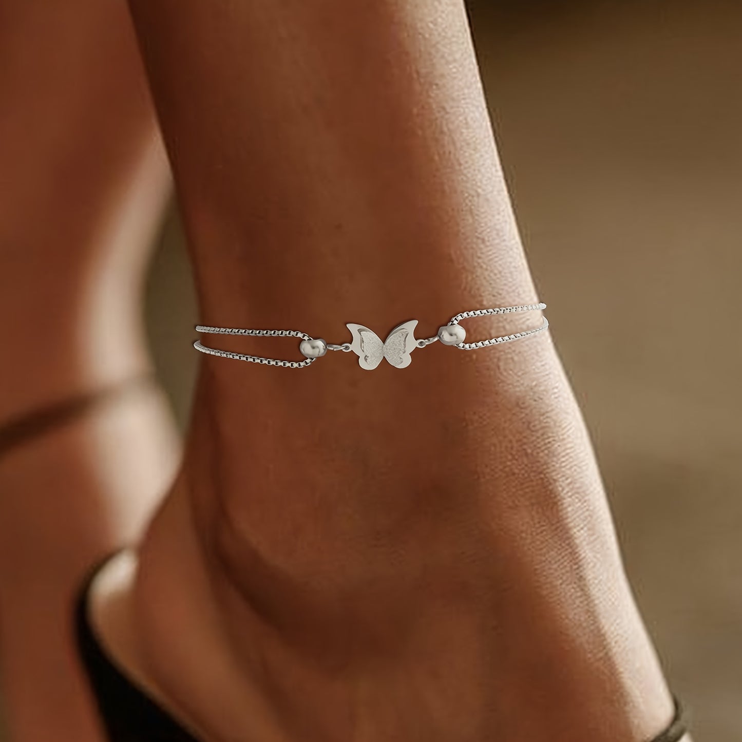 [Single Pack Ankle Chain] Golden Silvery Hypoallergenic Stainless Steel Single Pack Women's Fashion Ankle Chain | Double Layer Butterfly Decoration, Classic Stylish Design, Suitable for Daily Shopping or Parties