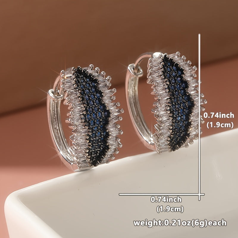 Elegant Vintage Boho Hoop Earrings with Square Synthetic Zirconia Wrap and Blue Cubic Zirconia Accents, 925 Silver Plated Copper, Perfect for Christmas, Daily Wear and Special Occasions - Gift-Ready