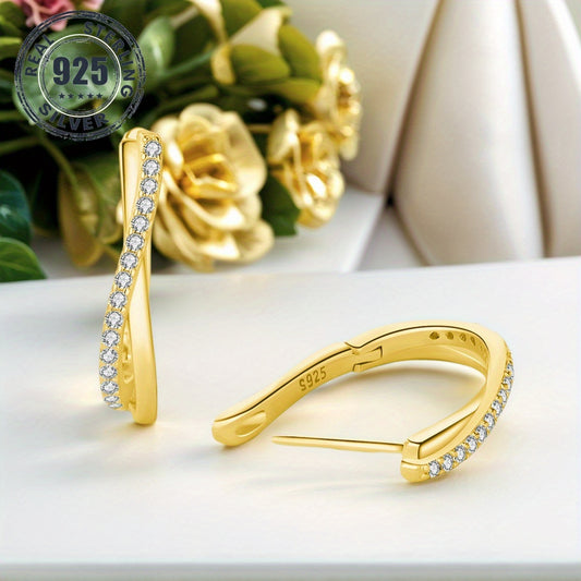 1 Pair S925 Sterling Silver 18K Golden Plated Hoop Earrings, Stone-Inlaid Twisted Line Design - Hypoallergenic, Elegant & Luxurious Women'S Jewelry for Daily Wear & Gifting, High-Quality Zirconia Inlay, Allergy-Free, Stylish Gift Earrings, Jewelry for