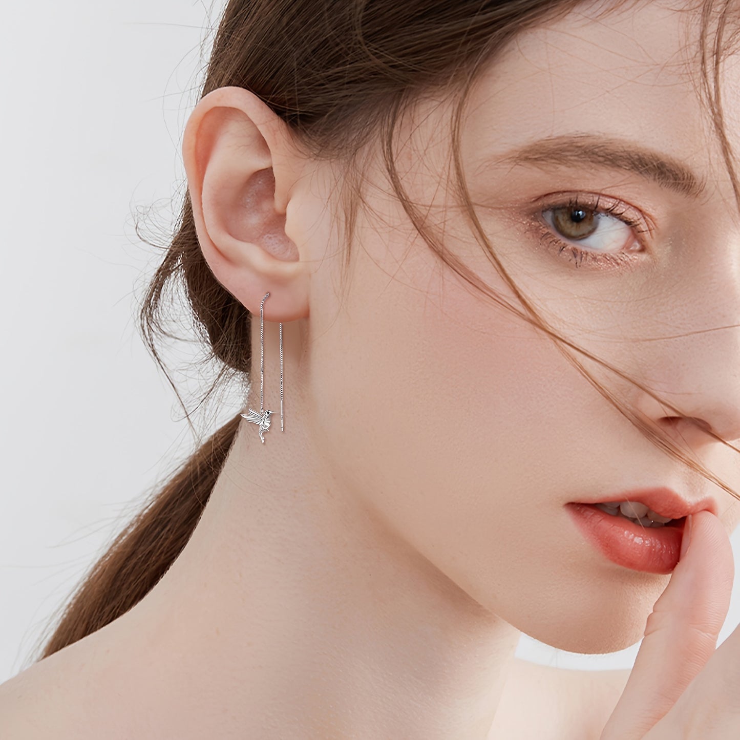 Hummingbird Pull Through Threader Earrings 925 Sterling Silvery Long Piercing Tassel Drop Dangle Ear Line Eardrop Earrings Origami Jewelry Birthday Gifts for Women