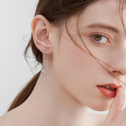 Hummingbird Pull Through Threader Earrings 925 Sterling Silvery Long Piercing Tassel Drop Dangle Ear Line Eardrop Earrings Origami Jewelry Birthday Gifts for Women