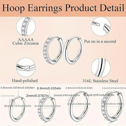 Vintage Boho Style 12pcs Surgical Stainless Steel Earrings Set - Hypoallergenic Hoop & Stud with Synthetic Zirconia, CZ & Pearl Accents - Unisex Jewelry for Multiple Piercings, Daily & Gift Occasions, Valentine'S Day Suitable