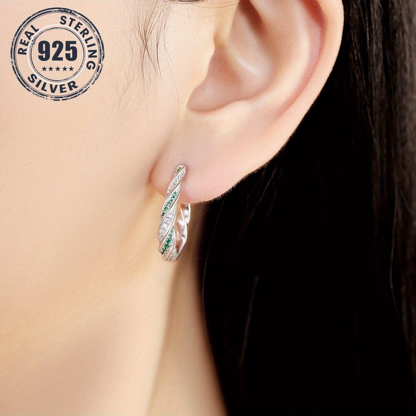 1 Pair S925 Sterling Silver Hoop Earrings, Green Twisted Design, Hypoallergenic, High-Quality Jewelry for Women, Perfect for Daily Wear or Gifting, Daily Wear Earrings | Twisted Hoop Earrings | Hypoallergenic Earrings