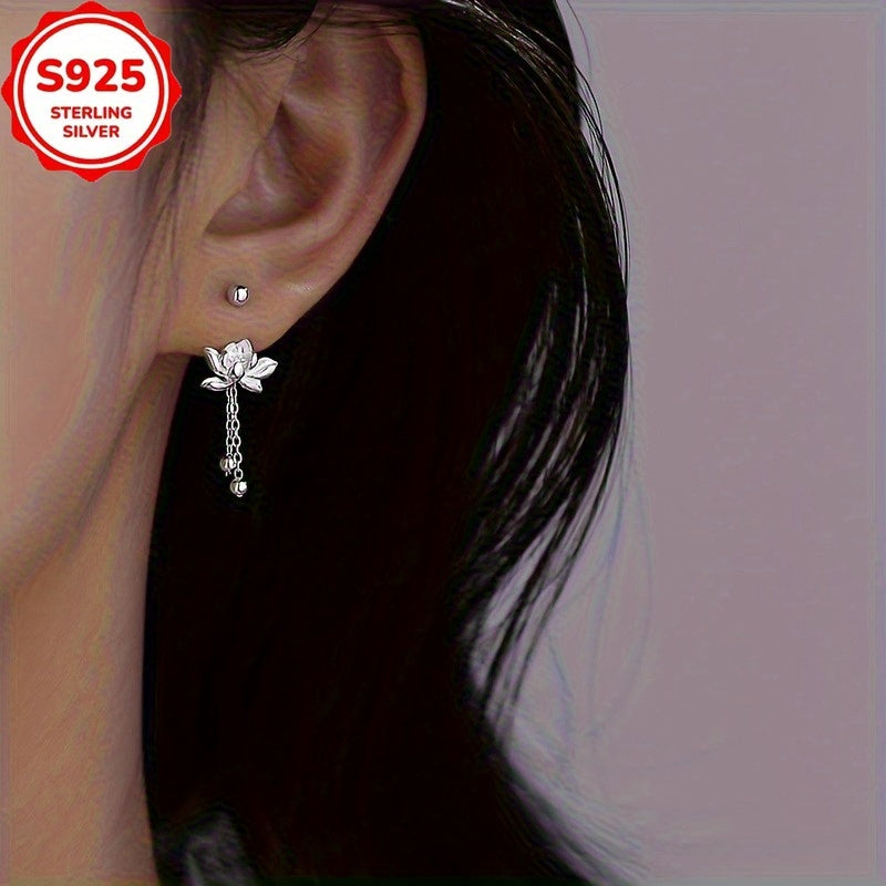 Pair of Elegant S925 Sterling Silver for Lotus Tassel Earrings - Retro Floral Design, Hypoallergenic, Perfect for Daily Wear and Gatherings