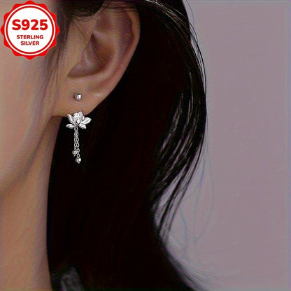 Pair of Elegant S925 Sterling Silver for Lotus Tassel Earrings - Retro Floral Design, Hypoallergenic, Perfect for Daily Wear and Gatherings