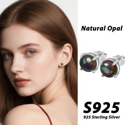 Natural Black Opal S925 Silver Earrings, 4-prong Inlay 0.24-inch Natural Black Opal, October Birthstone, Perfect for Everyday Accessories