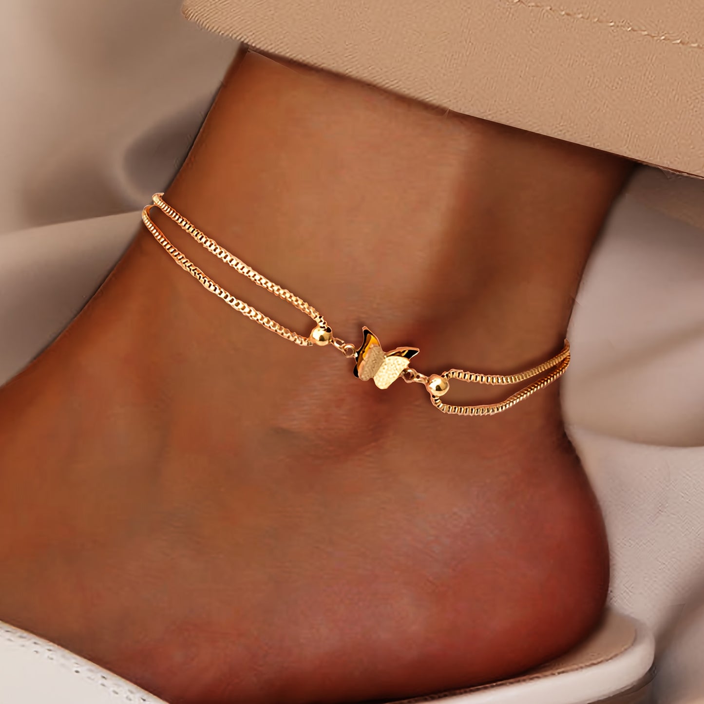 [Single Pack Ankle Chain] Golden Silvery Hypoallergenic Stainless Steel Single Pack Women's Fashion Ankle Chain | Double Layer Butterfly Decoration, Classic Stylish Design, Suitable for Daily Shopping or Parties