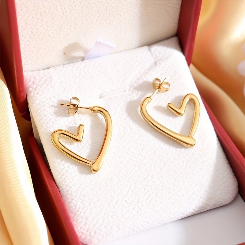 Elegant 18K Golden Plated Heart-Shaped Hoop Earrings - Hypoallergenic, Non-Fading, 304 Stainless Steel, 1 Pair for Women, Daily Wear & Christmas Gift