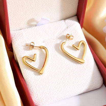 Elegant 18K Golden Plated Heart-Shaped Hoop Earrings - Hypoallergenic, Non-Fading, 304 Stainless Steel, 1 Pair for Women, Daily Wear & Christmas Gift