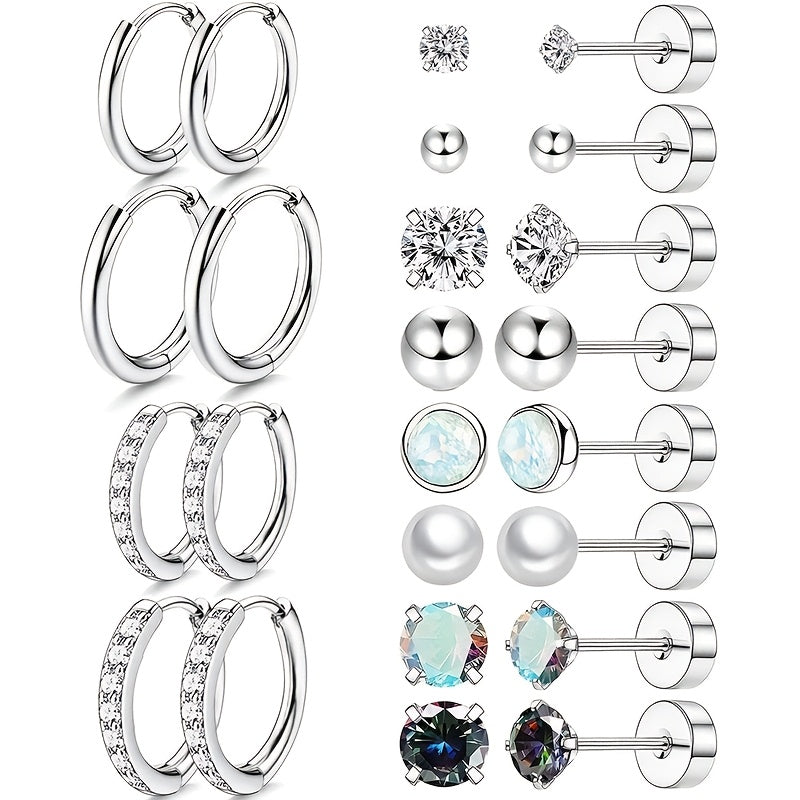 Vintage Boho Style 12pcs Surgical Stainless Steel Earrings Set - Hypoallergenic Hoop & Stud with Synthetic Zirconia, CZ & Pearl Accents - Unisex Jewelry for Multiple Piercings, Daily & Gift Occasions, Valentine'S Day Suitable