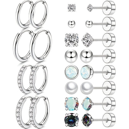 Vintage Boho Style 12pcs Surgical Stainless Steel Earrings Set - Hypoallergenic Hoop & Stud with Synthetic Zirconia, CZ & Pearl Accents - Unisex Jewelry for Multiple Piercings, Daily & Gift Occasions, Valentine'S Day Suitable